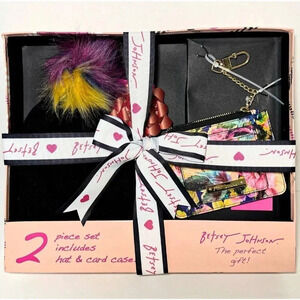 Betsey Johnson Black Hat & Floral Wallet ID Card Case Bag Key Charm Gift Set